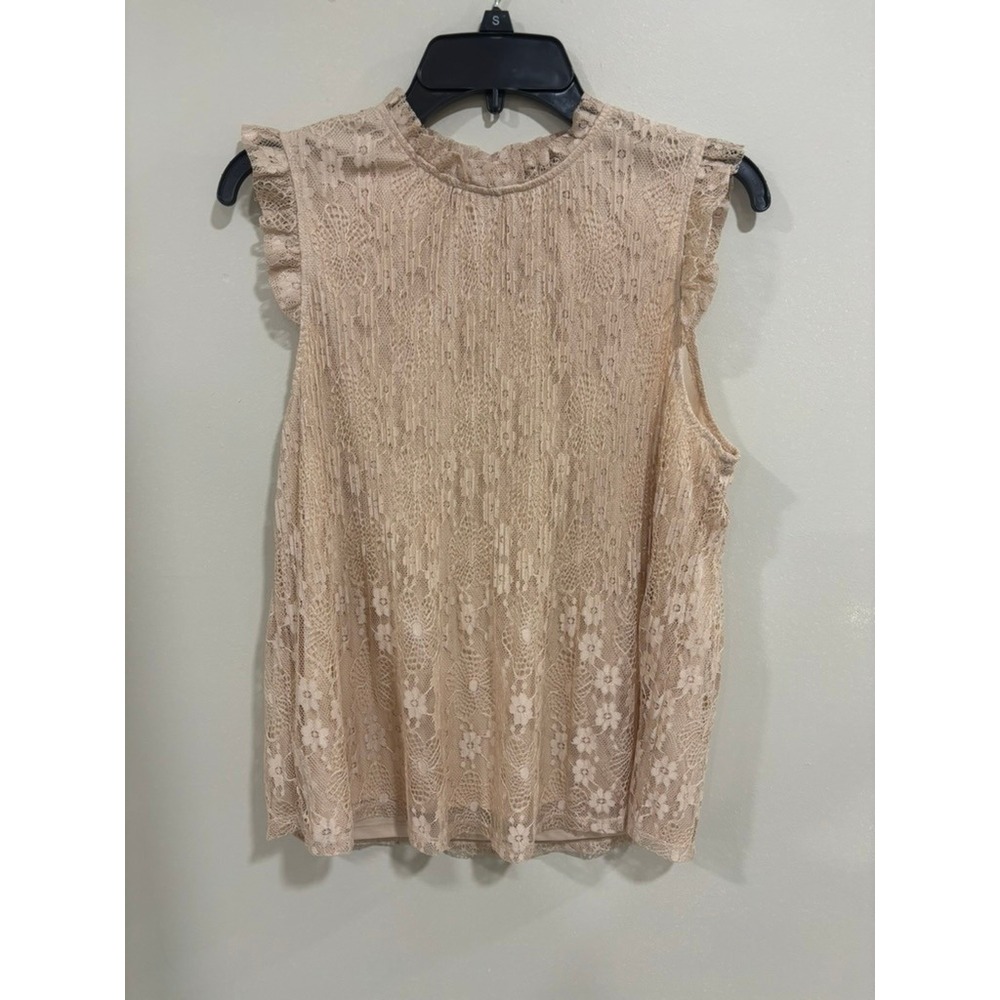 Adrianna Papell Lace Blouse L Beige Romantic Ruffle Sleeve Dressy Top Modest